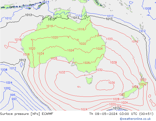 Atmosférický tlak ECMWF Čt 09.05.2024 03 UTC