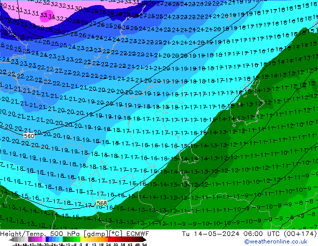 Z500/Rain (+SLP)/Z850 ECMWF wto. 14.05.2024 06 UTC