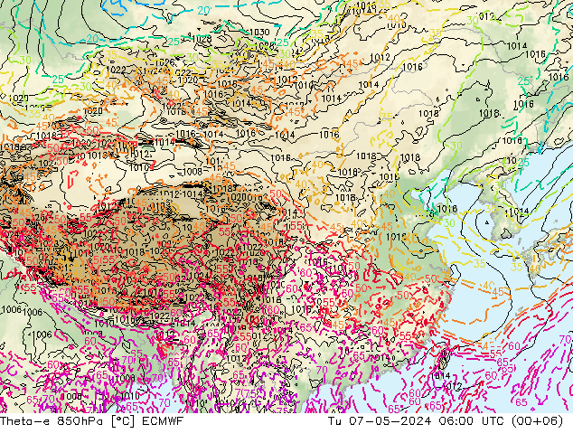 Theta-e 850hPa ECMWF 星期二 07.05.2024 06 UTC