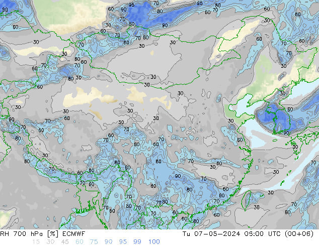 RH 700 hPa ECMWF 星期二 07.05.2024 06 UTC