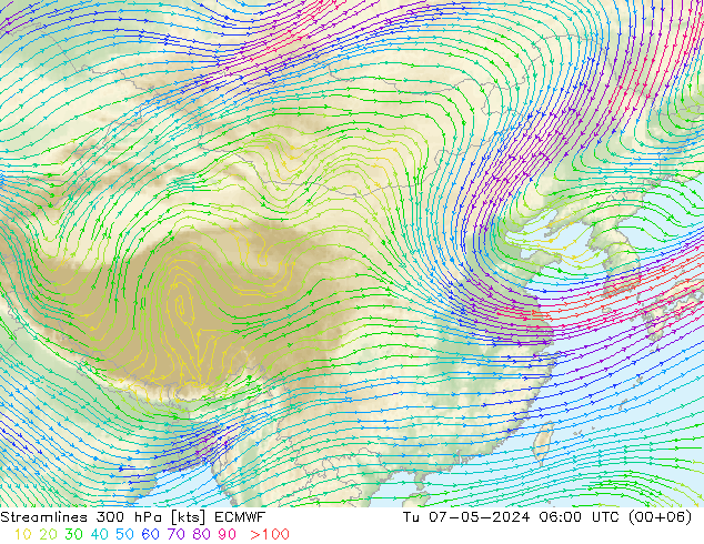 风 300 hPa ECMWF 星期二 07.05.2024 06 UTC