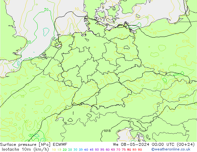 Isotachen (km/h) ECMWF wo 08.05.2024 00 UTC