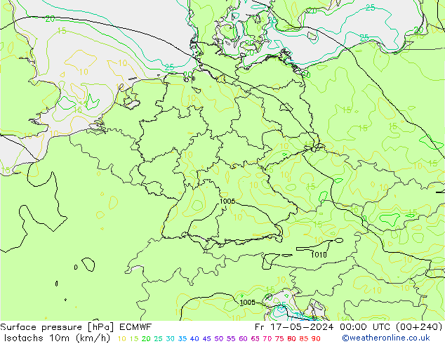 Isotachs (kph) ECMWF ven 17.05.2024 00 UTC