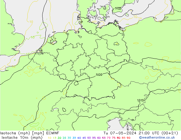 Isotachen (mph) ECMWF Di 07.05.2024 21 UTC