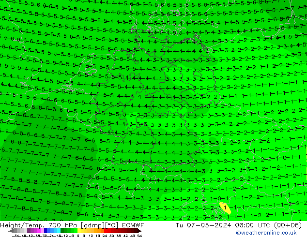 Height/Temp. 700 hPa ECMWF Di 07.05.2024 06 UTC