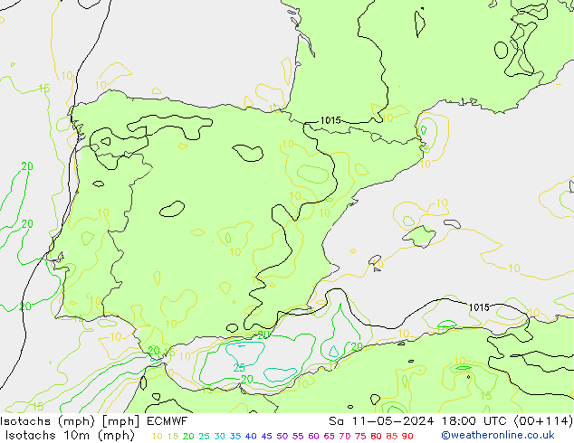 Izotacha (mph) ECMWF so. 11.05.2024 18 UTC