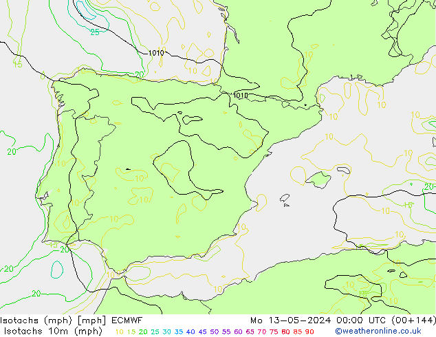 Isotachs (mph) ECMWF  13.05.2024 00 UTC