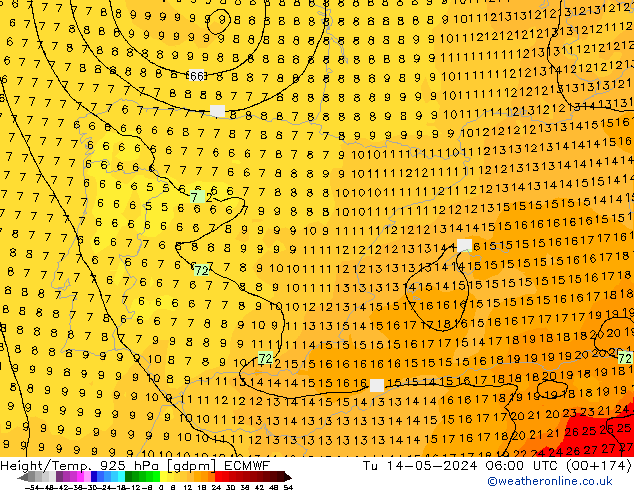 Yükseklik/Sıc. 925 hPa ECMWF Sa 14.05.2024 06 UTC