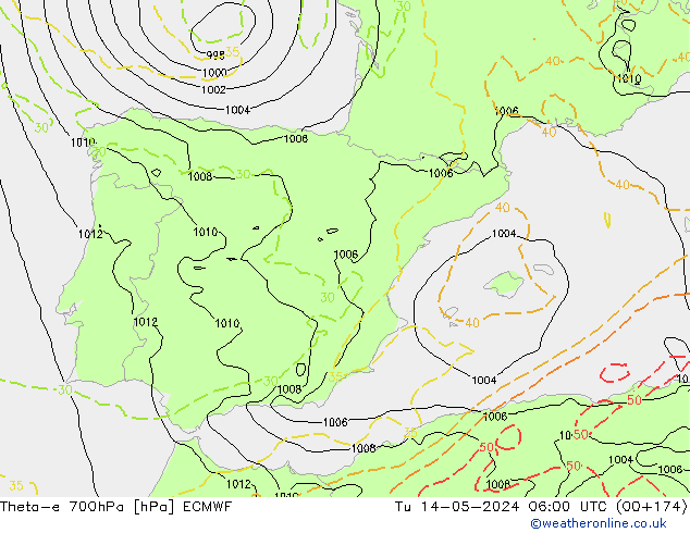 Theta-e 700hPa ECMWF mar 14.05.2024 06 UTC