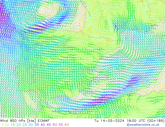 Rüzgar 850 hPa ECMWF Sa 14.05.2024 18 UTC