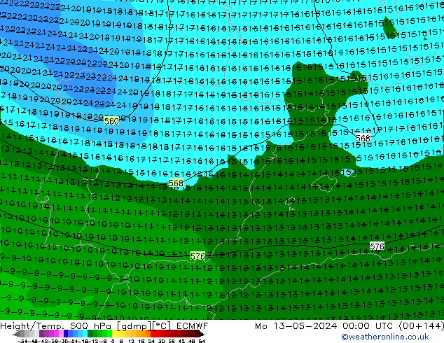 Z500/Rain (+SLP)/Z850 ECMWF Mo 13.05.2024 00 UTC