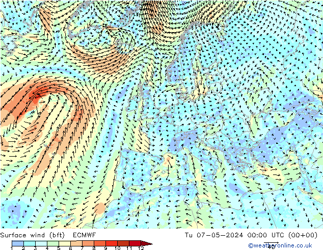 Bodenwind (bft) ECMWF Di 07.05.2024 00 UTC