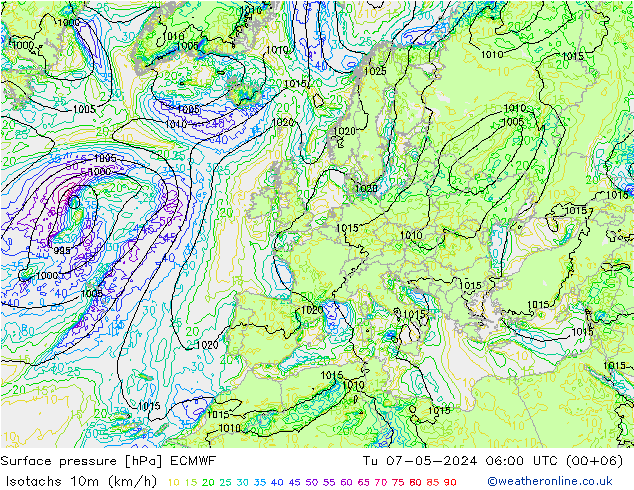 Isotachen (km/h) ECMWF Di 07.05.2024 06 UTC