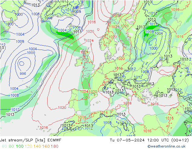 Polarjet/Bodendruck ECMWF Di 07.05.2024 12 UTC