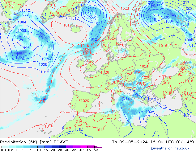 Z500/Rain (+SLP)/Z850 ECMWF Do 09.05.2024 00 UTC