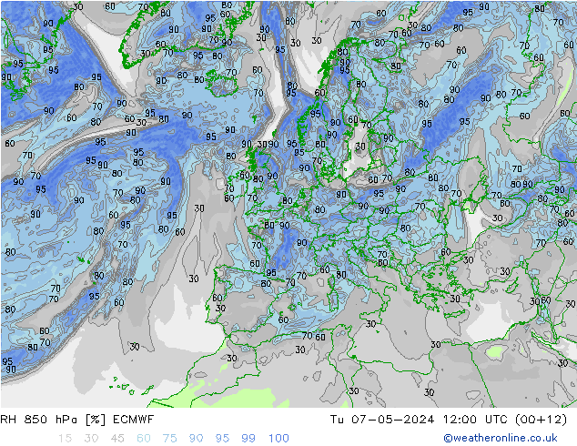 RH 850 hPa ECMWF Út 07.05.2024 12 UTC