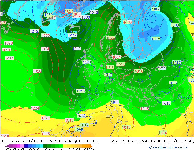 Thck 700-1000 hPa ECMWF pon. 13.05.2024 06 UTC