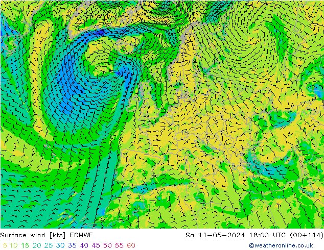 Wind 10 m ECMWF za 11.05.2024 18 UTC