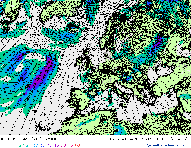 Wind 850 hPa ECMWF Di 07.05.2024 03 UTC