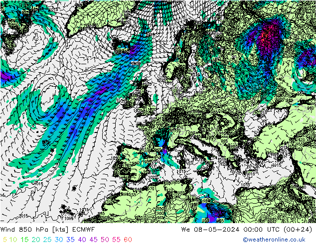 Wind 850 hPa ECMWF Mi 08.05.2024 00 UTC