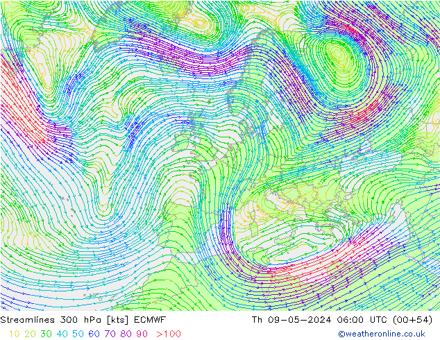 Streamlines 300 hPa ECMWF Th 09.05.2024 06 UTC