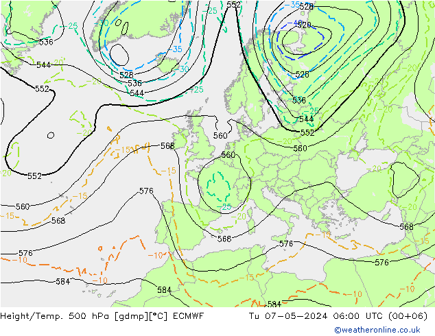 Z500/Rain (+SLP)/Z850 ECMWF Ter 07.05.2024 06 UTC