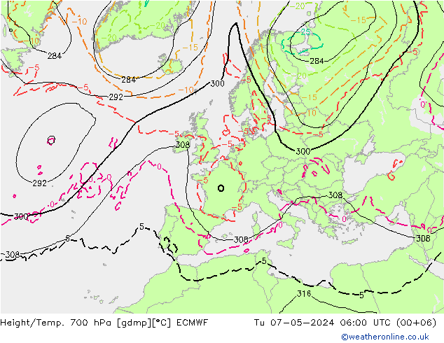 Height/Temp. 700 hPa ECMWF Di 07.05.2024 06 UTC