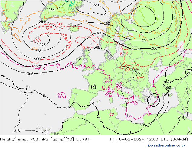 Height/Temp. 700 hPa ECMWF Fr 10.05.2024 12 UTC