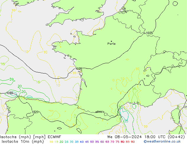 Isotachen (mph) ECMWF Mi 08.05.2024 18 UTC