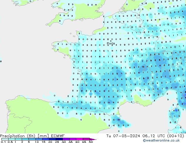 Precipitation (6h) ECMWF Tu 07.05.2024 12 UTC