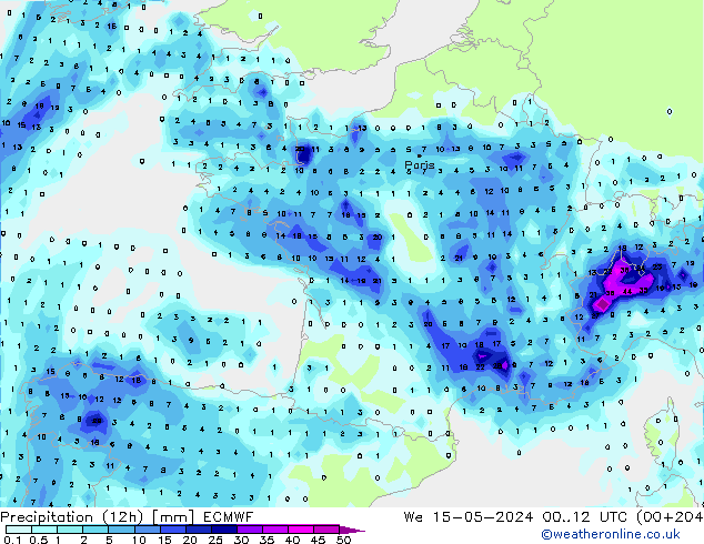 Precipitation (12h) ECMWF We 15.05.2024 12 UTC