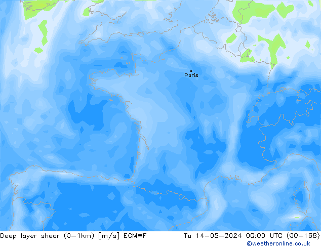 Deep layer shear (0-1km) ECMWF Ter 14.05.2024 00 UTC