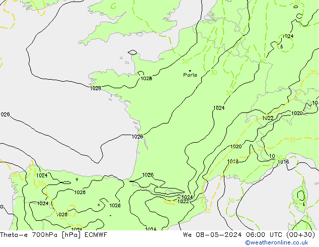 Theta-e 700hPa ECMWF mié 08.05.2024 06 UTC