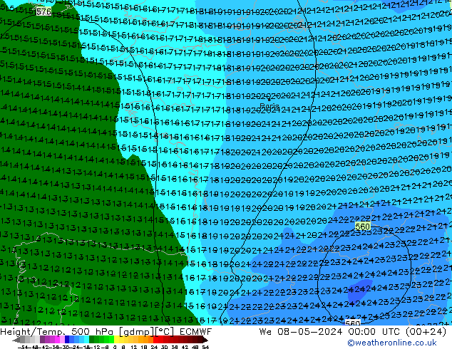 Z500/Rain (+SLP)/Z850 ECMWF mer 08.05.2024 00 UTC