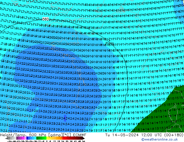 Z500/Yağmur (+YB)/Z850 ECMWF Sa 14.05.2024 12 UTC