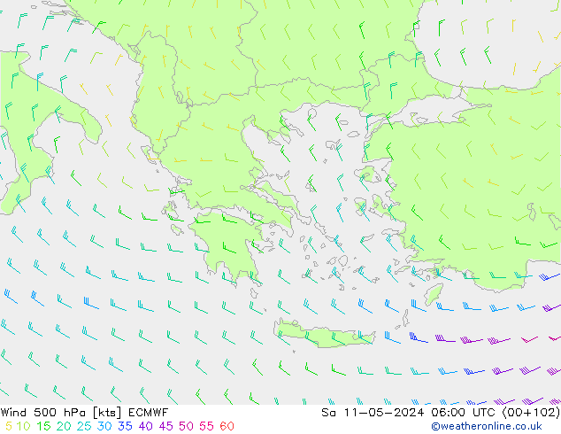 Vent 500 hPa ECMWF sam 11.05.2024 06 UTC