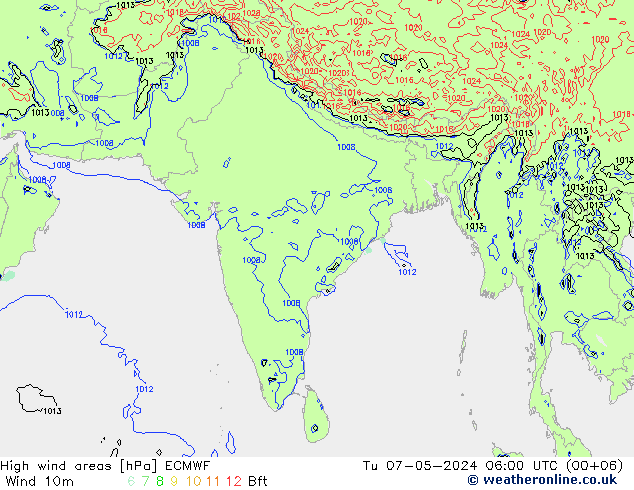 High wind areas ECMWF вт 07.05.2024 06 UTC