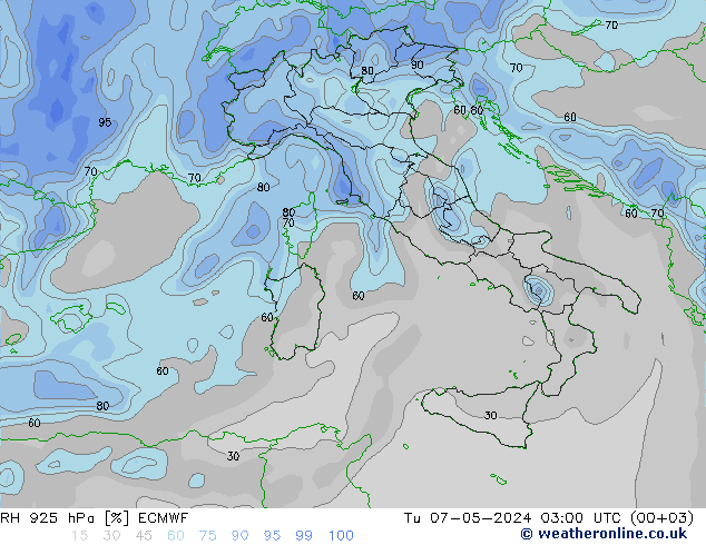 RH 925 гПа ECMWF вт 07.05.2024 03 UTC