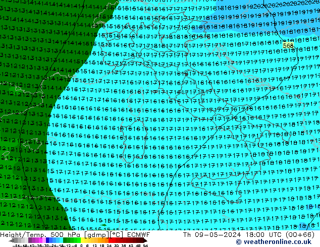 Z500/Rain (+SLP)/Z850 ECMWF Th 09.05.2024 18 UTC