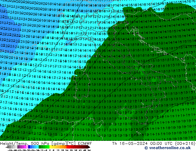 Height/Temp. 500 hPa ECMWF Th 16.05.2024 00 UTC