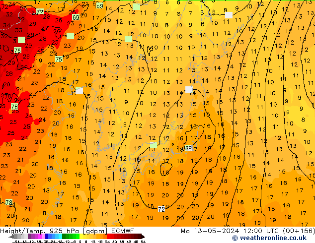 Height/Temp. 925 hPa ECMWF Mo 13.05.2024 12 UTC