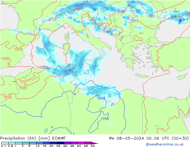 Z500/Rain (+SLP)/Z850 ECMWF mer 08.05.2024 06 UTC