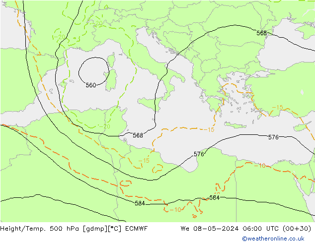 Z500/Rain (+SLP)/Z850 ECMWF mer 08.05.2024 06 UTC