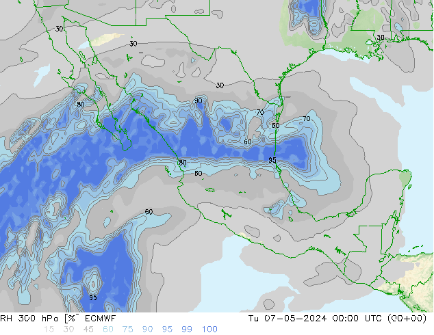 Humedad rel. 300hPa ECMWF mar 07.05.2024 00 UTC