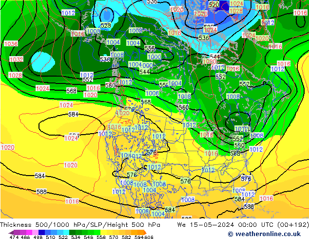 Espesor 500-1000 hPa ECMWF mié 15.05.2024 00 UTC