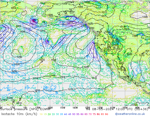 Izotacha (km/godz) ECMWF śro. 08.05.2024 12 UTC