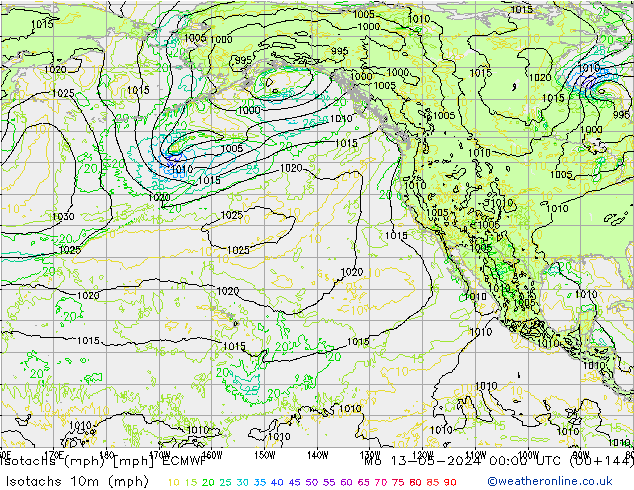 Isotachs (mph) ECMWF lun 13.05.2024 00 UTC