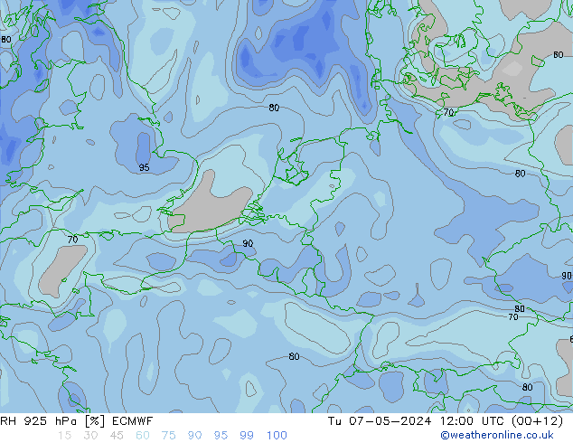 Humidité rel. 925 hPa ECMWF mar 07.05.2024 12 UTC