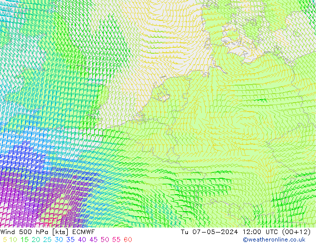 Wind 500 hPa ECMWF Di 07.05.2024 12 UTC