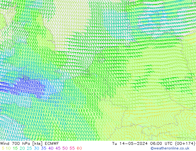 Wind 700 hPa ECMWF Di 14.05.2024 06 UTC